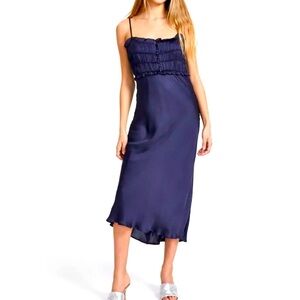ASTR the‎ Label Women's Size XS Zola Smocked Bodice Midi Sheath Dress Navy NEW
